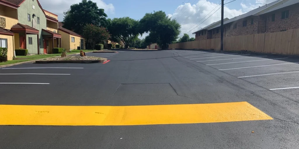 Freshly paved parking lot, impeccably maintained with attention to asphalt preservation, and a bright yellow speed bump. It's nestled among residential buildings and trees under a picturesque blue sky.