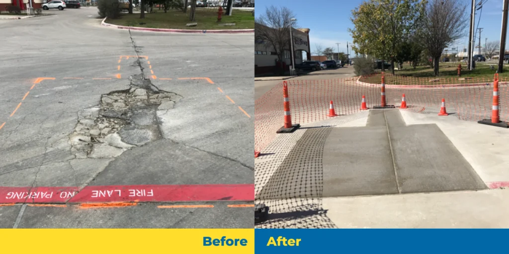 Before and after images showcase a cracked pavement expertly repaired, highlighting the crucial role of concrete parking lot maintenance in ensuring durability and longevity.