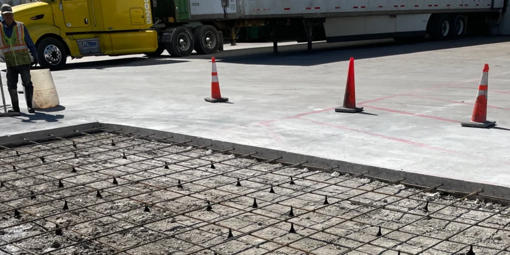 A construction site is set for a concrete parking lot repair, defined by a rebar grid on the ground and encircled by orange cones. In the background, a large yellow truck stands ready while a worker with a bucket attends to tasks amidst the bustling activity.