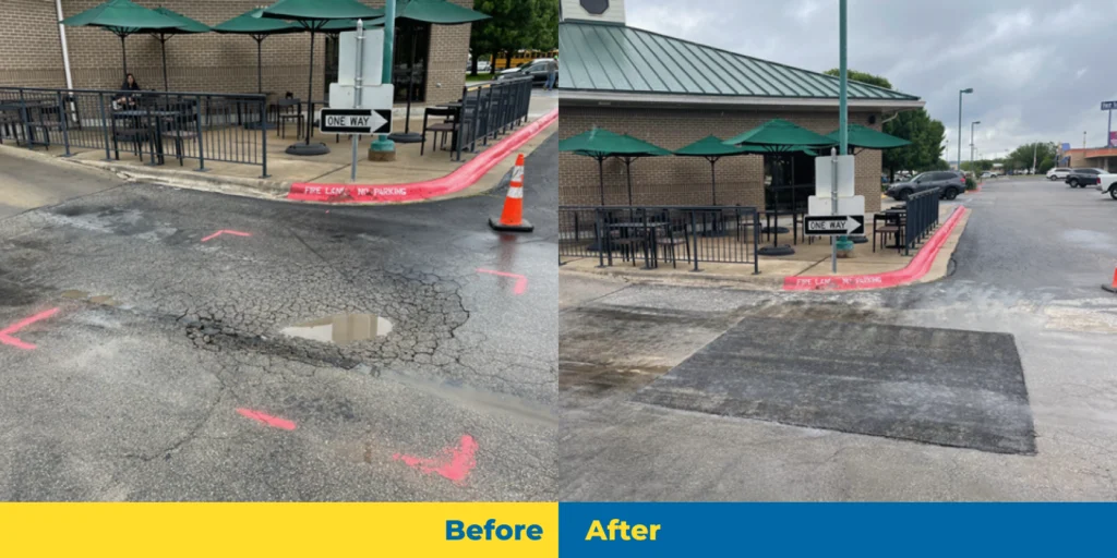 Side-by-side comparison of a repaired parking lot. Left: cracked pavement with a pothole. Right: newly patched and smoothed asphalt surface, showcasing expert concrete pothole repair.