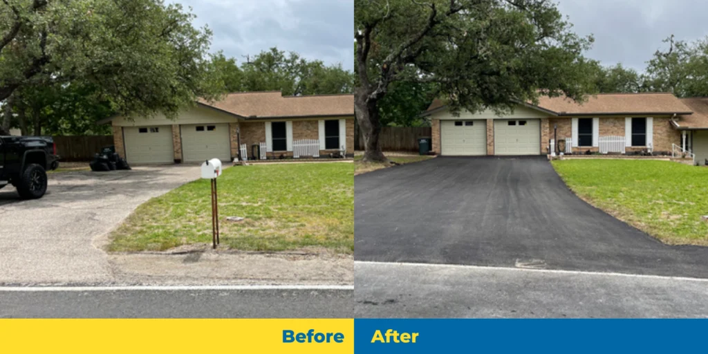 Side-by-side comparison of the driveway before and after asphalt repair. Left: cracked and worn. Right: smooth and freshly paved, showcasing expert installation of a new asphalt driveway.